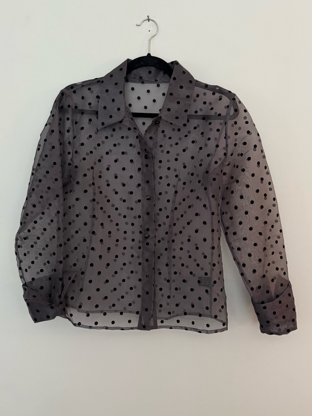 Sheer Organza Polka Dot Button-Up Blouse - Black